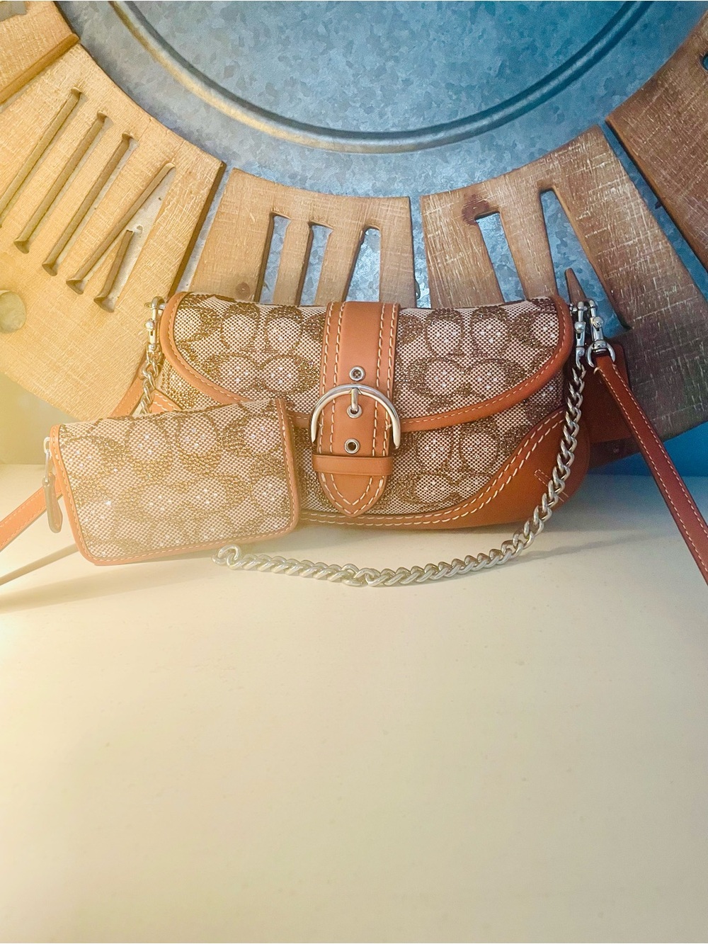 Coach Brown Signature Canvas Crossbody with Tan Leather Trim and Chain